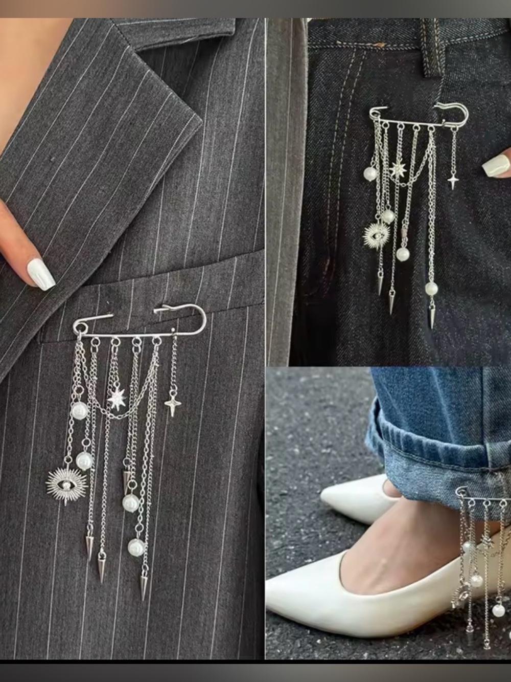 Safety Pin Brooch, Multi Chain, Pearl, Sunburst, Lapel Pin.